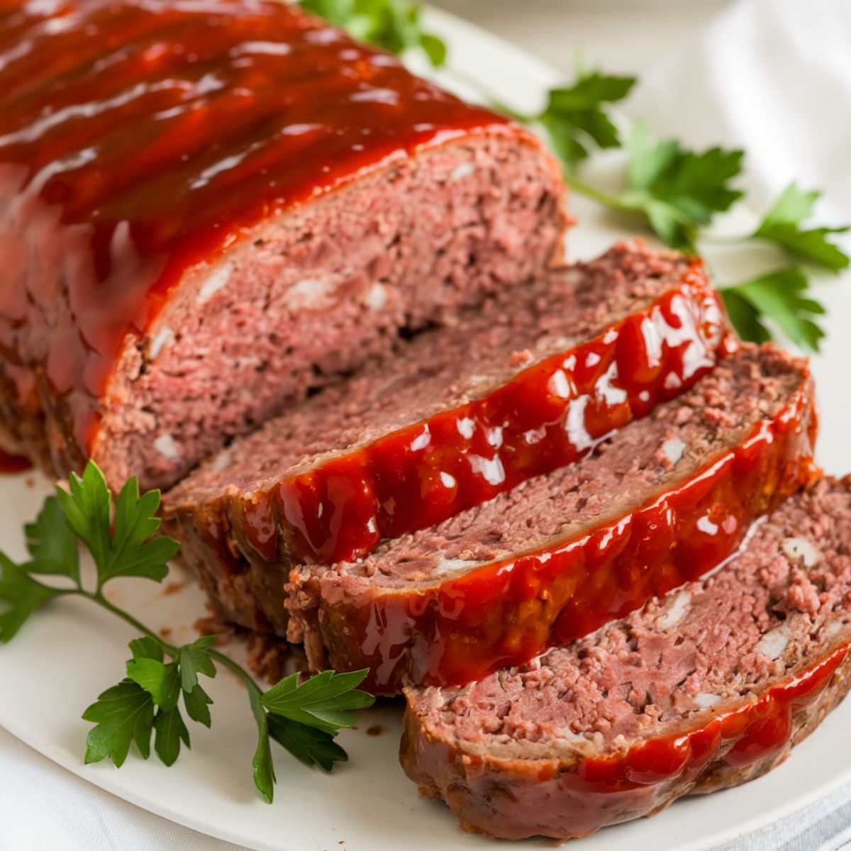 Chicken Meatloaf Recipe with a tender and juicy texture, sliced and served on a white plate. Topped with a rich, savory glaze and garnished with fresh parsley, this homemade meatloaf is a delicious comfort food dish.