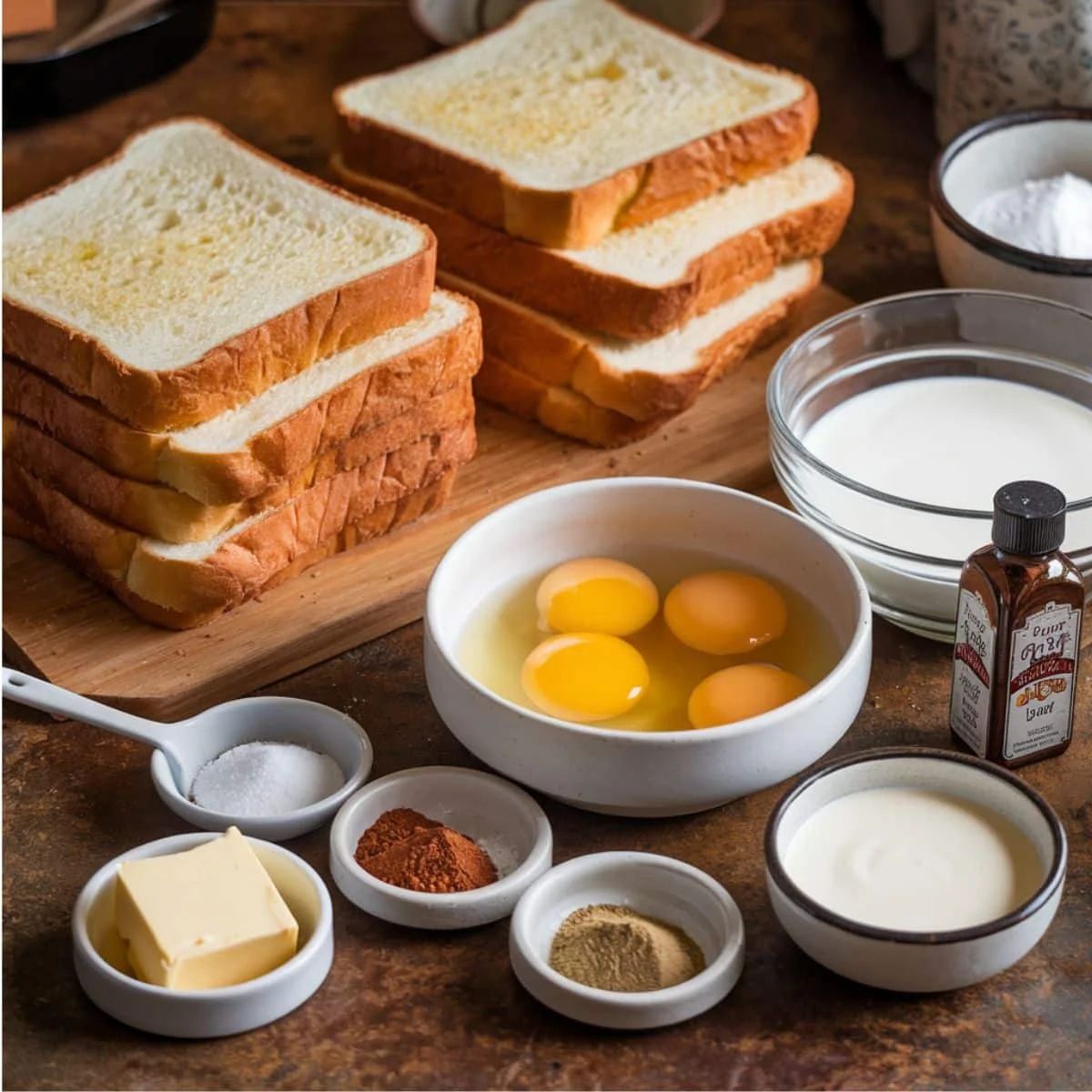 A beautifully arranged set of ingredients for a Brioche French Toast Recipe, including thick slices of brioche bread, eggs, milk, heavy cream, butter, sugar, cinnamon, nutmeg, vanilla extract, and a pinch of salt. Perfect for making a rich and fluffy French toast breakfast with a golden, crispy exterior and soft, custardy center.