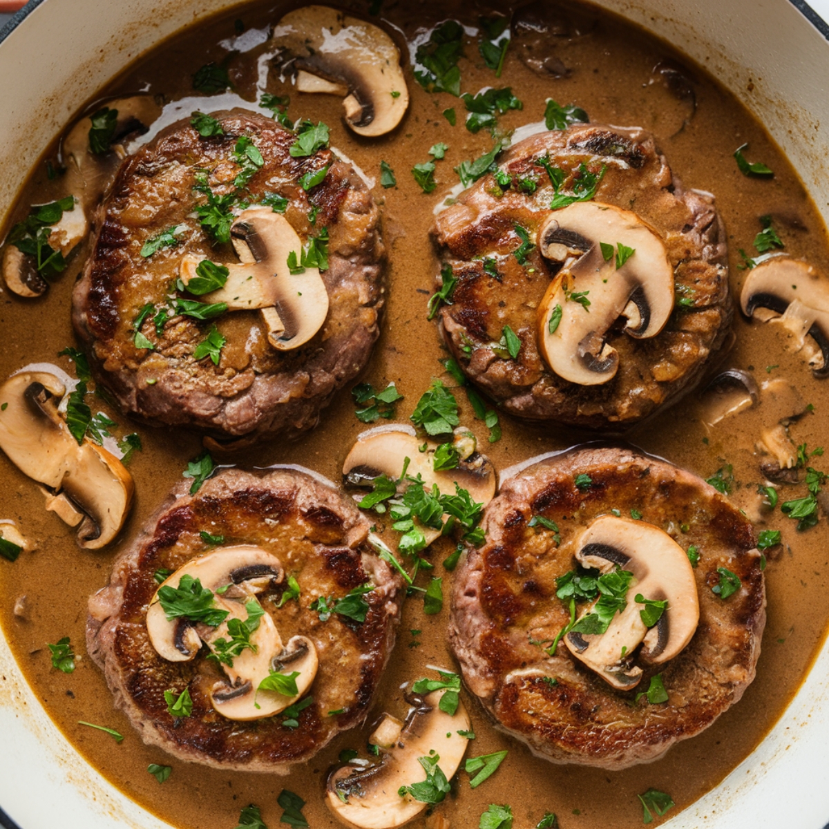 Savory Salisbury Steak Recipe with juicy beef patties simmered in a rich, homemade mushroom gravy, garnished with fresh parsley and sautéed mushrooms. A comforting and flavorful classic dish perfect for dinner.