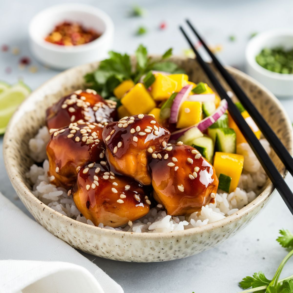 Sticky Teriyaki Salmon Bites Recipe served over fluffy white rice, drizzled with a glossy teriyaki glaze, and sprinkled with sesame seeds. Paired with a vibrant mango salsa featuring diced mango, cucumber, and red onion. A delicious and healthy seafood meal with bold flavors.