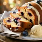 Blueberry Pound Cake Recipe – A moist and buttery blueberry pound cake drizzled with a creamy vanilla glaze, served on a plate with fresh blueberries and a scoop of vanilla ice cream. The golden-brown cake is packed with juicy blueberries, making it a perfect homemade dessert or tea-time treat.