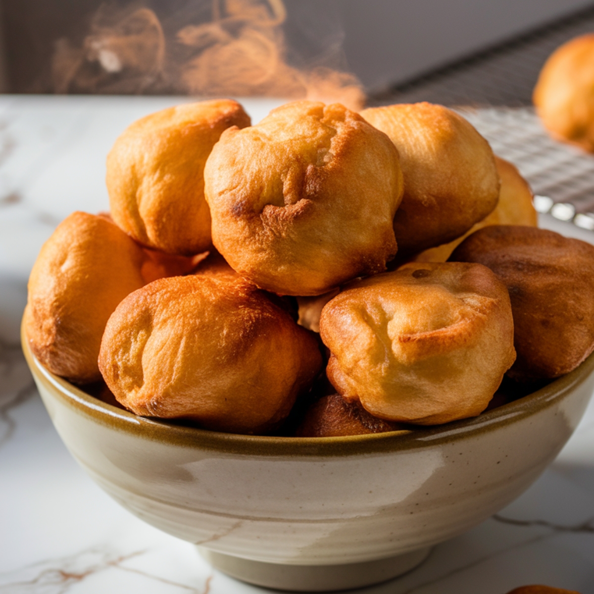 A bowl filled with freshly fried puff puff, a popular African deep-fried dough snack, with a golden-brown, crispy exterior. Steam rises from the warm puff puff, highlighting their soft and fluffy texture inside. The background features a cooling rack and a marble countertop, adding to the inviting presentation of this delicious Puff Puff Recipe.