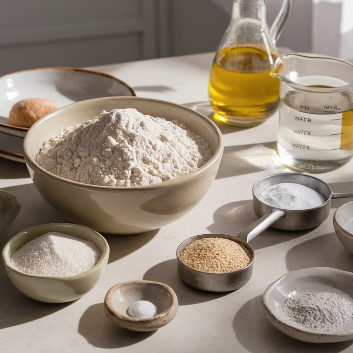 A beautifully arranged selection of ingredients for a Puff Puff Recipe on a neutral-toned kitchen countertop. A large bowl of flour is the centerpiece, surrounded by small bowls and measuring cups containing sugar, yeast, salt, and baking powder. A glass pitcher of water and a bottle of vegetable oil sit in the background, illuminated by soft natural lighting. This setup showcases the essential components needed to create delicious, fluffy puff puff.