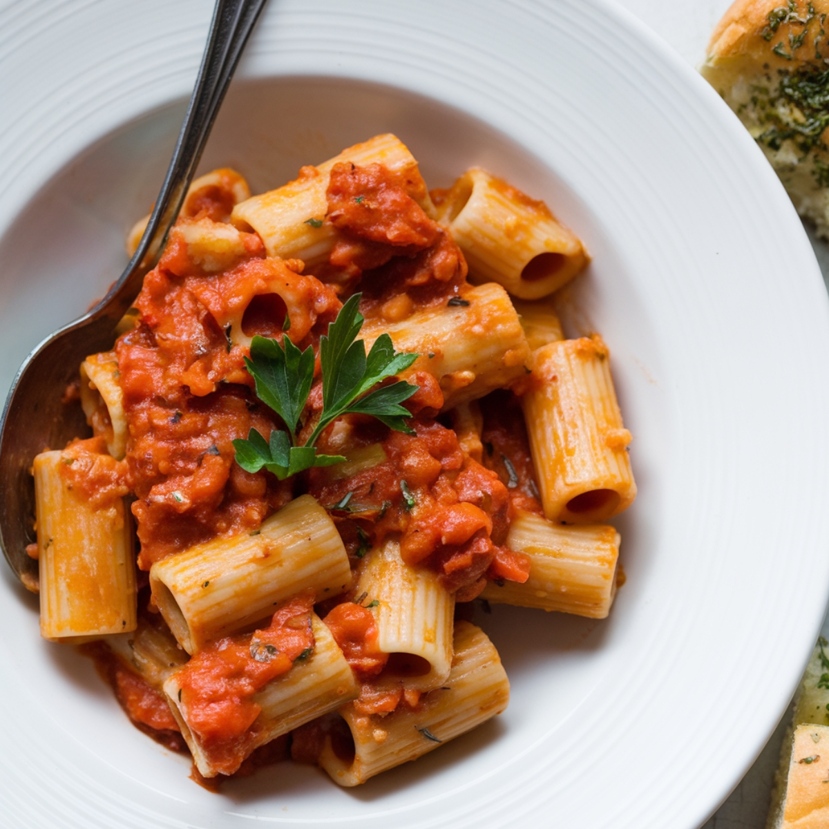 A hearty bowl of ditalini Pasta Recipe (or rigatoni) smothered in a rich, flavorful tomato sauce, garnished with fresh parsley. Served in a white dish with a silver spoon and a side of garlic bread. A classic Italian comfort food recipe perfect for any meal.