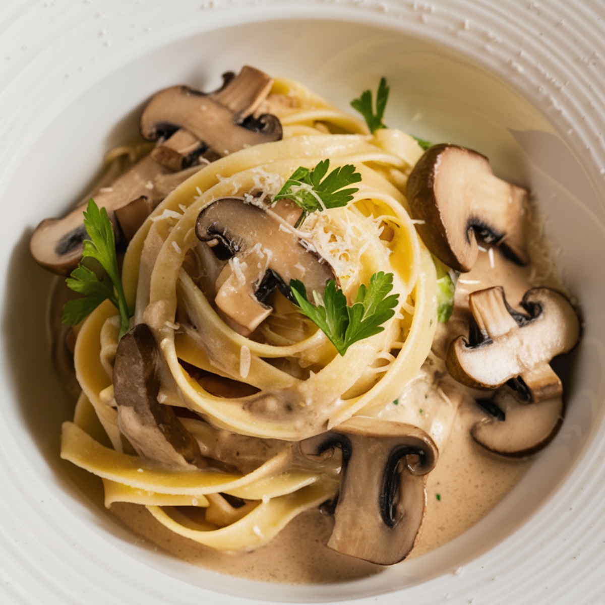 A luxurious Truffle Pasta Recipe featuring fettuccine coated in a rich, creamy truffle-infused sauce, garnished with sautéed mushrooms, fresh parsley, and grated Parmesan. A gourmet dish perfect for an indulgent and flavorful dining experience.
