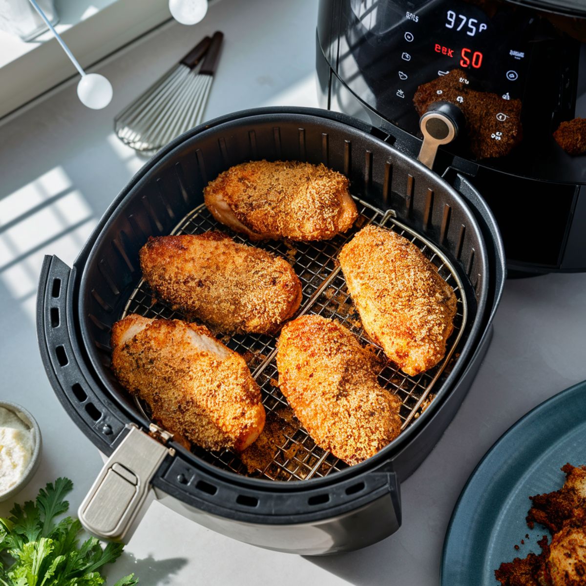 High-quality, vibrant image of crispy Parmesan-crusted chicken breasts cooking in an air fryer basket.