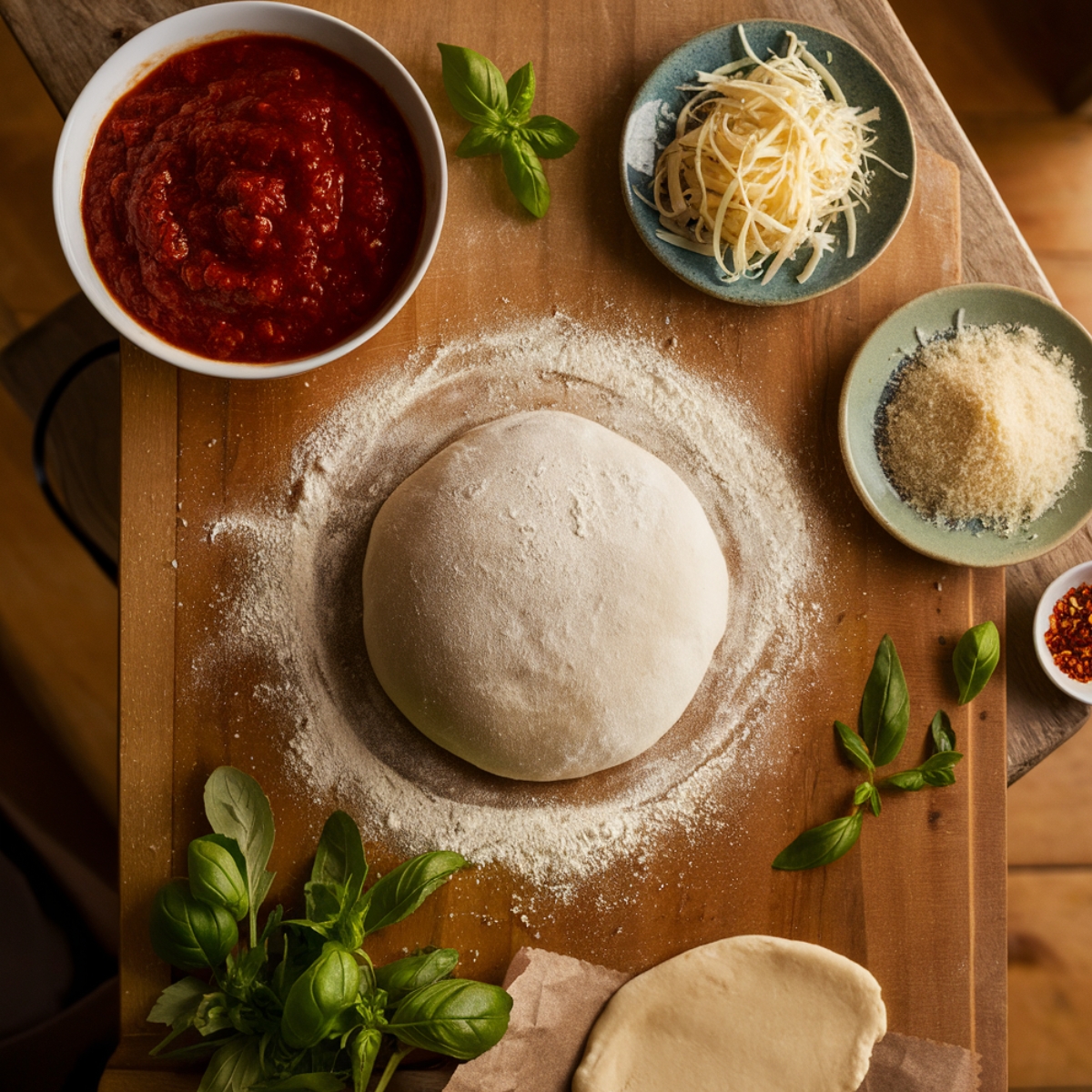 Rustic wooden surface with a floured ball of pizza dough at the center, surrounded by a bowl of thick marinara sauce, shredded mozzarella, grated parmesan, and fresh basil. A smaller rolled-out piece of dough sits nearby. Light flour dusting and scattered basil leaves add to the homemade, cozy feel.