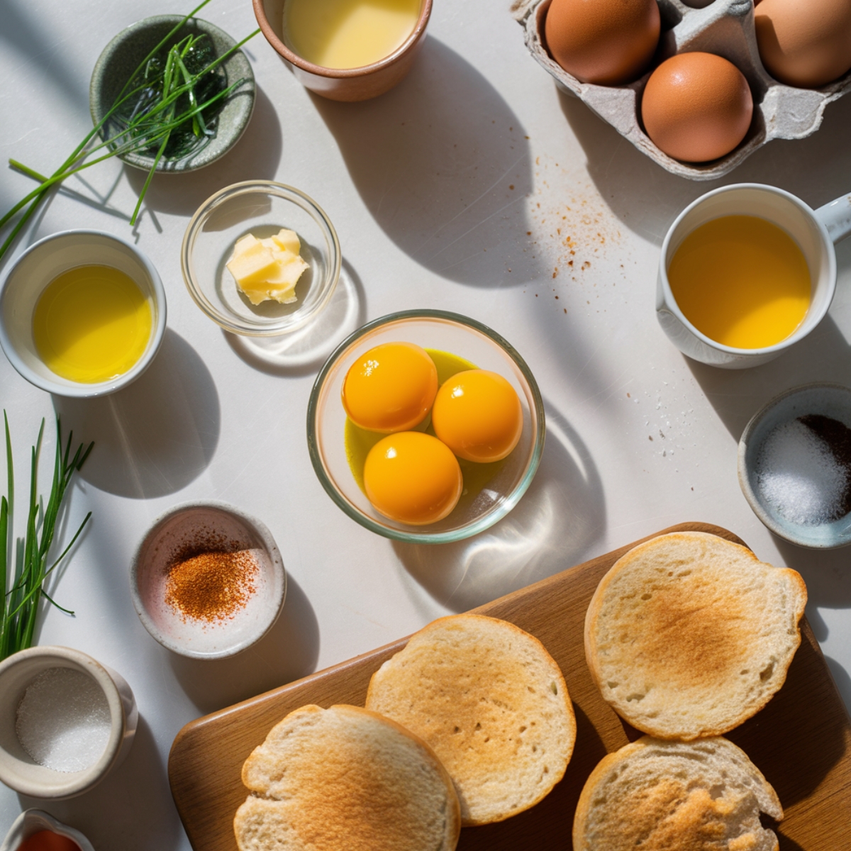 Fresh ingredients for Crab Cake Benedict arranged on a white kitchen counter. A glass bowl with egg yolks sits at the center, surrounded by butter, olive oil, cayenne pepper, salt, chives, and toasted English muffins. A carton of brown eggs rests nearby.