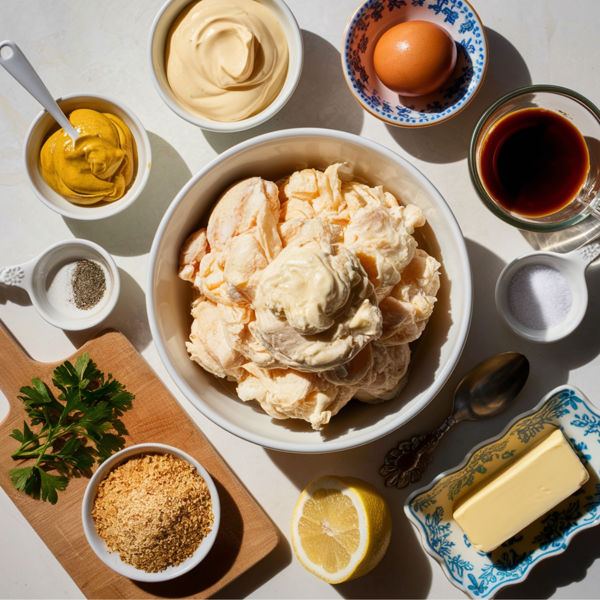 Fresh ingredients for homemade crab cakes neatly arranged on a bright kitchen counter. A bowl of lump crab meat with mayonnaise sits at the center, surrounded by Dijon mustard, Worcestershire sauce, an egg, panko breadcrumbs, parsley, a halved lemon, salt, pepper, and a stick of butter. Natural light highlights the textures and colors, creating a warm, inviting scene.