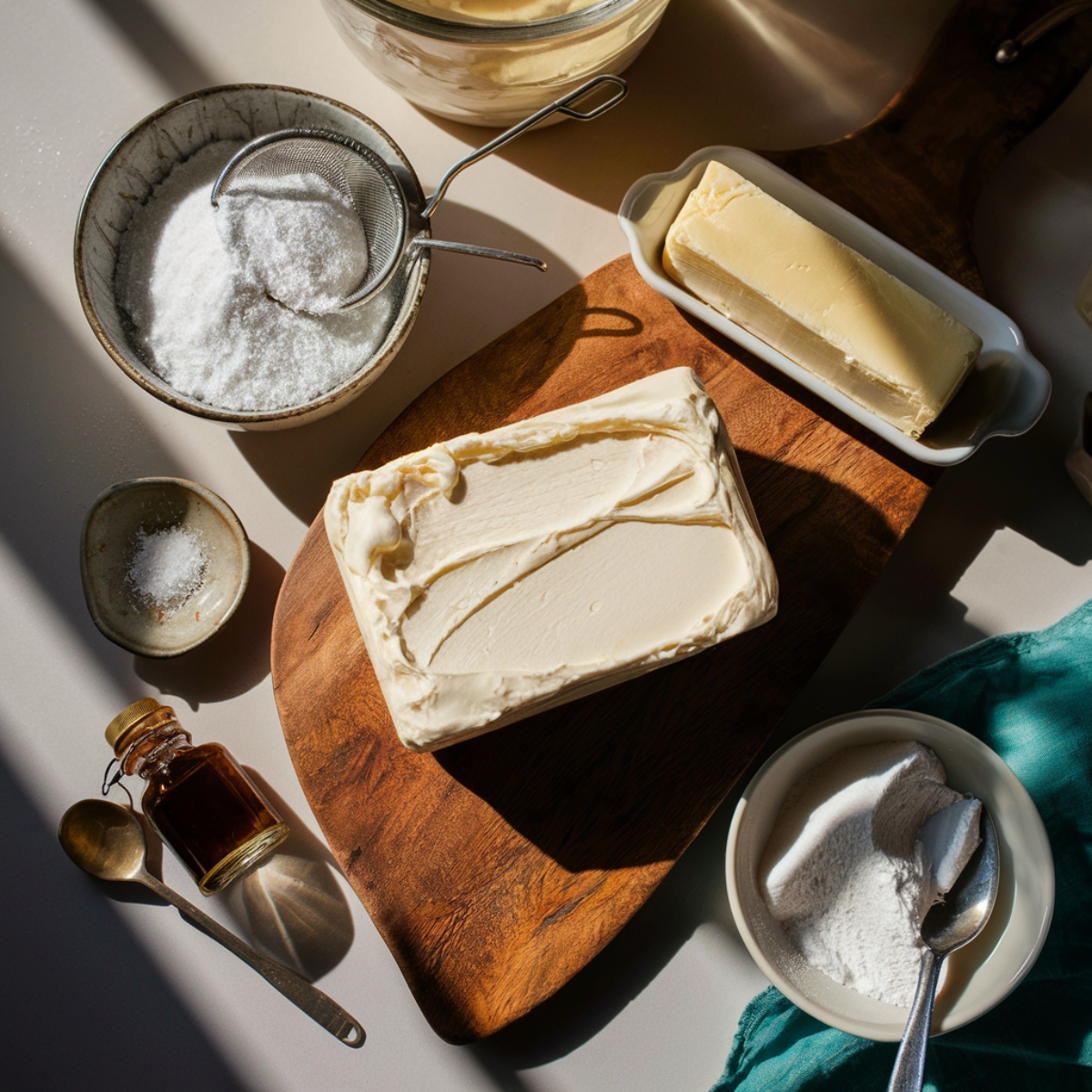 Homemade gluten free red velvet cake frosting ingredients arranged on a kitchen counter. A block of softened cream cheese with swirled texture sits on a wooden board, next to a stick of butter in a white dish. A bowl of powdered sugar with a fine-mesh sieve, a small dish of salt, a bottle of vanilla extract, and a silver spoon rest nearby. A teal kitchen towel adds a cozy touch, with warm natural sunlight casting soft shadows for a rustic, homemade feel.