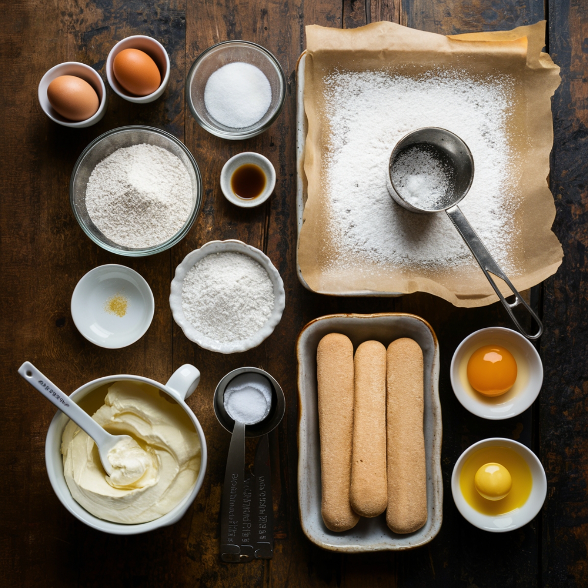 A beautifully arranged flat-lay of gluten-free tiramisu ingredients, meticulously placed on a rustic wooden surface. At the center, a ceramic dish holds neatly arranged gluten-free ladyfingers, golden brown and slightly crisp. To the left, a large white mug with a sturdy handle is filled with smooth mascarpone cheese, a spatula dipped into it. Nearby, a small round bowl contains granulated sugar, while a measuring spoon set with labeled measurements holds a precise amount of salt.
