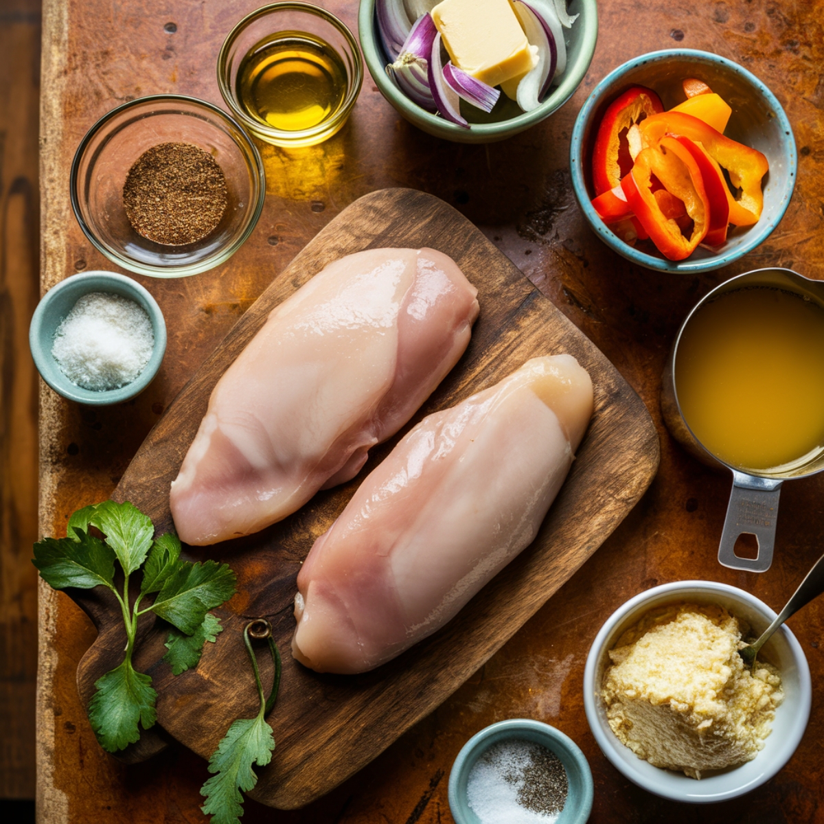 A rustic wooden cutting board holds two raw chicken breasts, surrounded by fresh ingredients for Chicken Tortellini Pasta: sliced bell peppers, red onion, Parmesan cheese, Cajun seasoning, butter, chicken broth, salt, and parsley. Warm, natural lighting enhances the homemade feel.