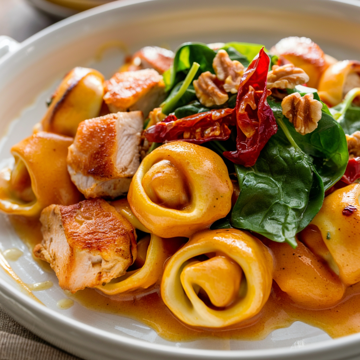 A homemade Marry Me Chicken Tortellini dish with cheese-filled tortellini coated in a creamy golden-orange sauce, topped with seared chicken, fresh spinach, sun-dried tomatoes, and toasted walnuts on a white ceramic plate.