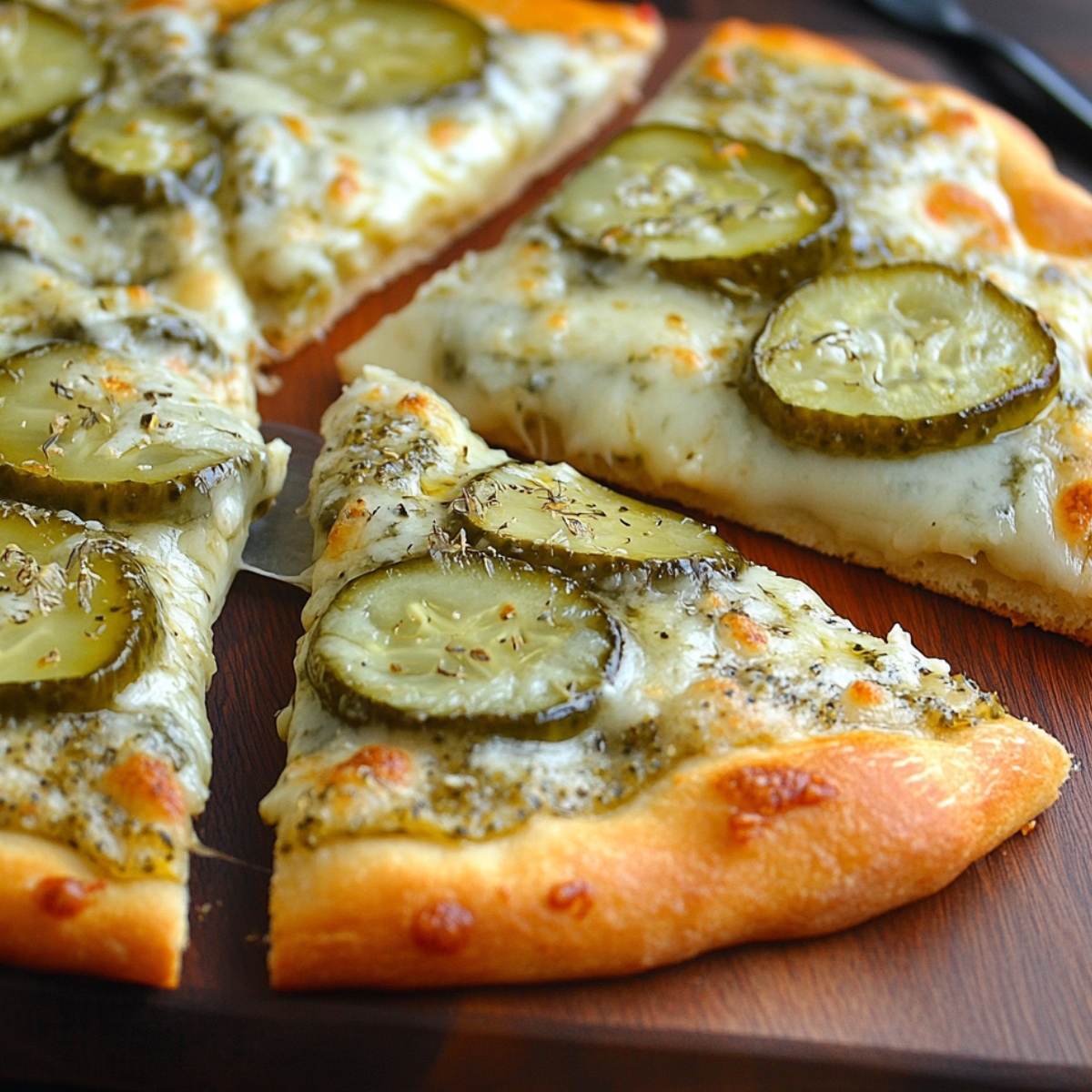 Close-up of homemade pickle pizza with melted mozzarella, sliced dill pickles, and herbs on a golden-brown crust, served on a wooden board.