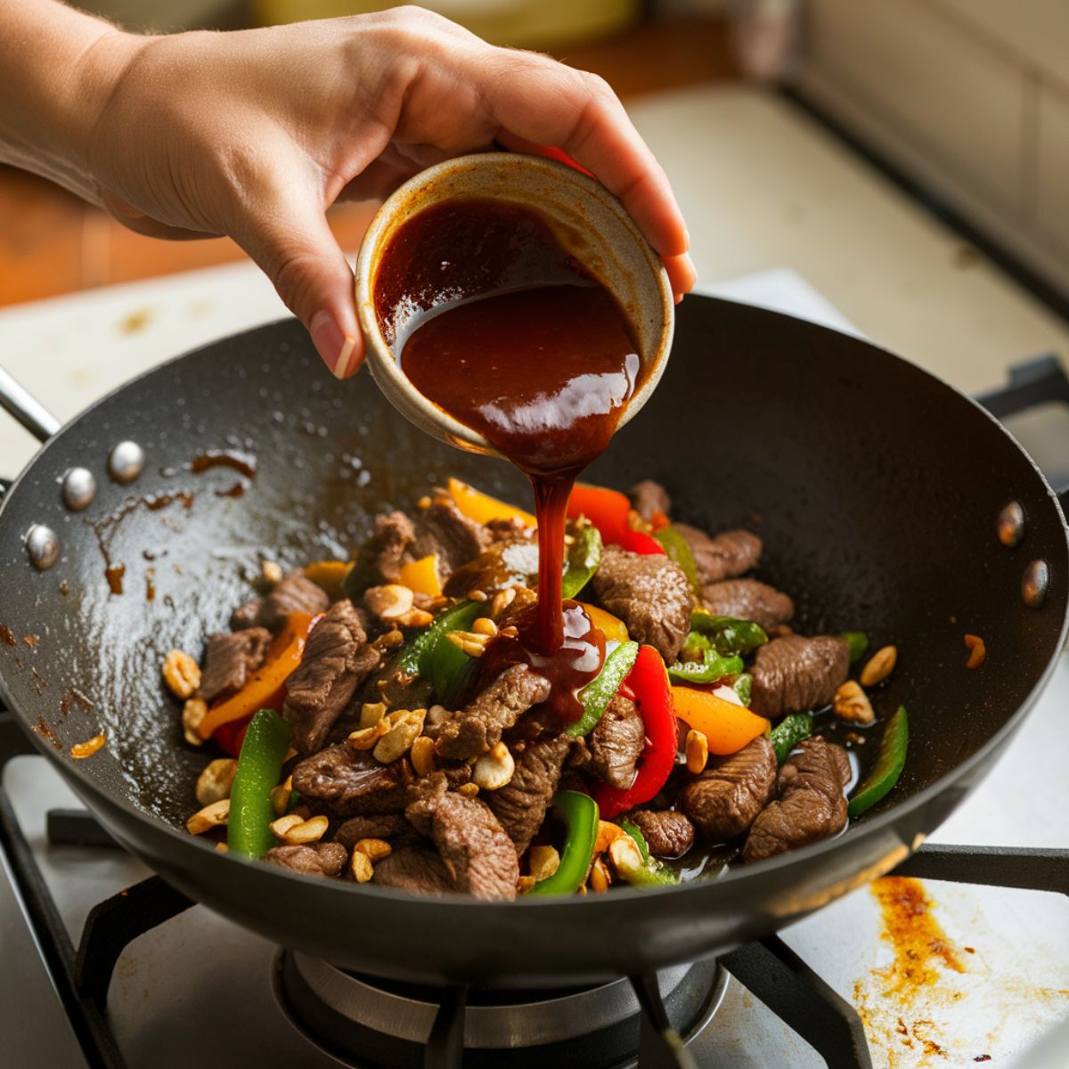 Homemade Kung Pao beef in a wok as sauce is poured over stir-fried beef, peppers, and peanuts. Slight splatter on the stove, natural lighting, and a real kitchen setting — warm and imperfect like a home-cooked meal.