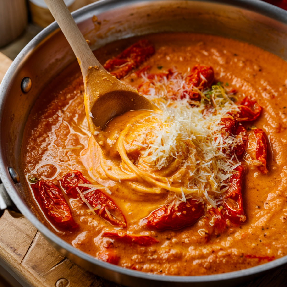 Homemade creamy sun-dried tomato sauce simmering in a stainless steel skillet, stirred with a wooden spoon. Freshly grated Parmesan melts on top, with softened sun-dried tomatoes adding rich color. A rustic wooden countertop enhances the cozy, real-kitchen feel.