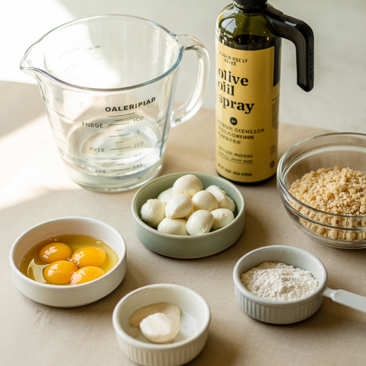 Mozzarella balls, cracked eggs, flour, panko breadcrumbs, olive oil spray, and a measuring cup arranged on a bright kitchen counter for assembling homemade mushroom arancini.