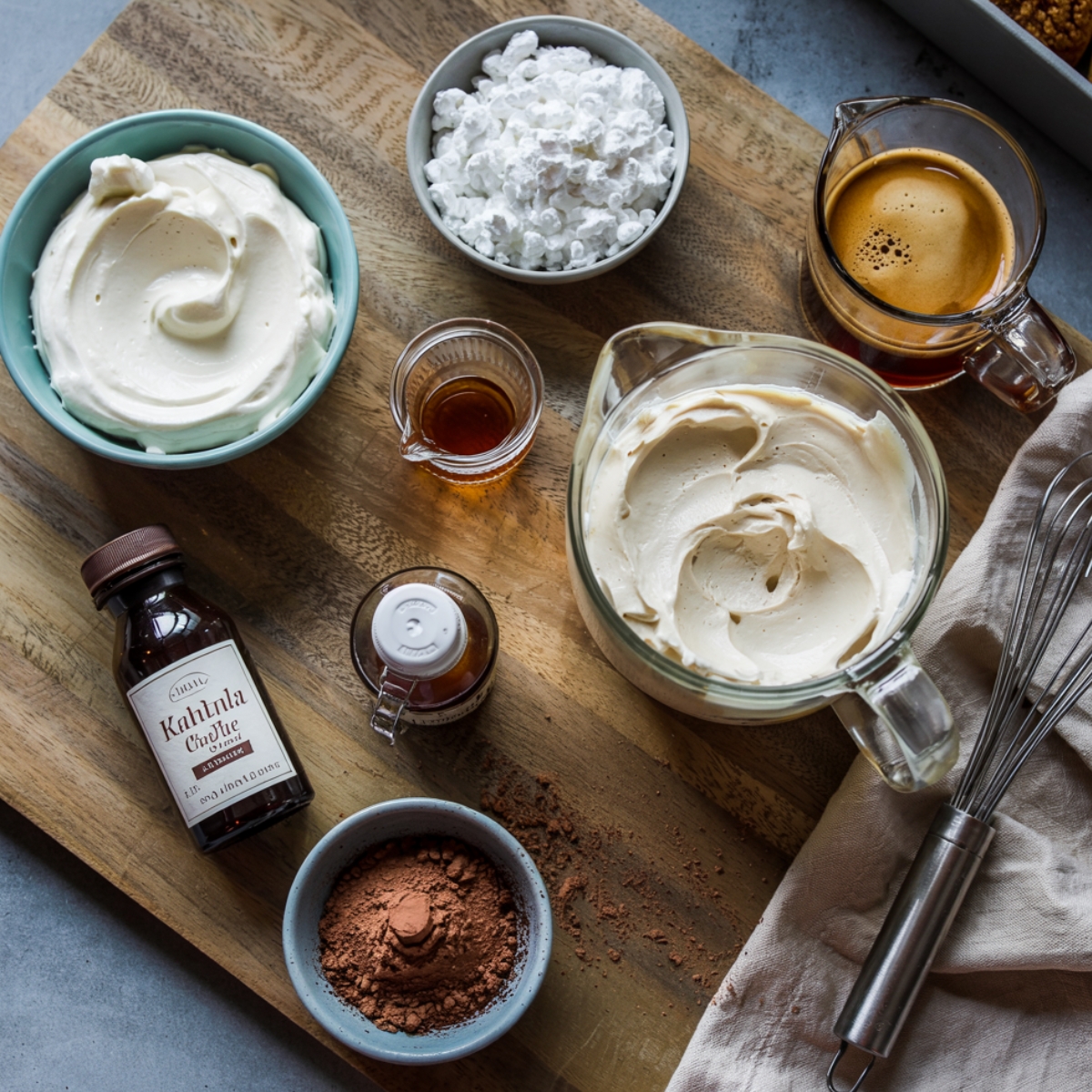 Ingredients for homemade tiramisu cupcake frosting and coffee soak, including mascarpone, whipped cream, powdered sugar, Kahlua, espresso, vanilla, and cocoa powder on a wooden board.