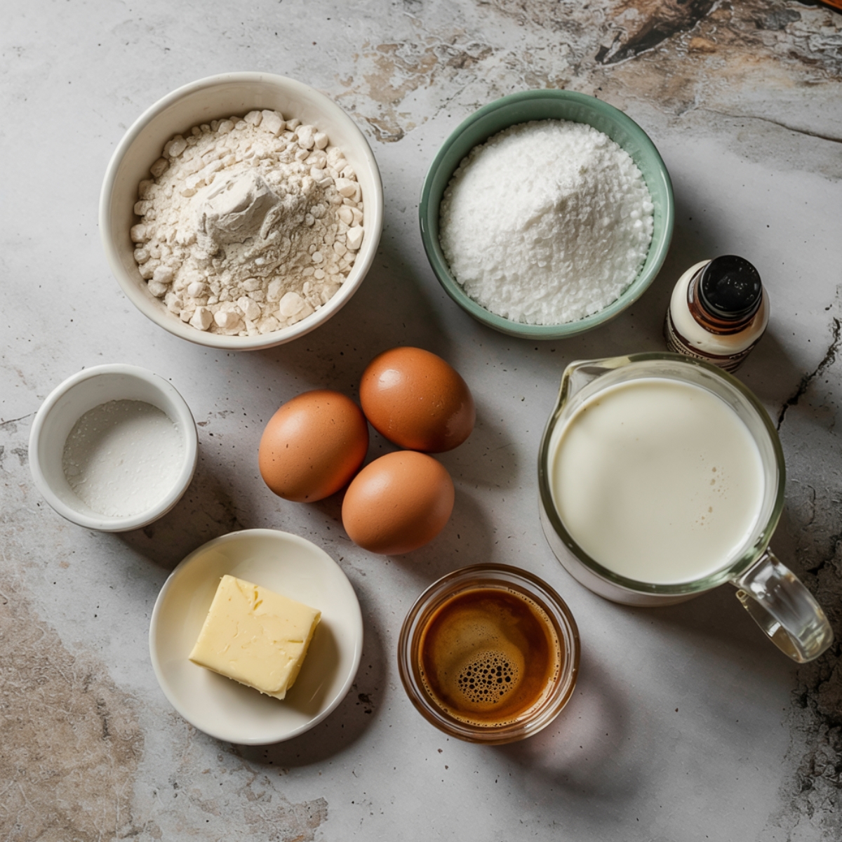 Ingredients for tiramisu cupcakes laid out on a rustic kitchen counter, including flour, powdered sugar, eggs, butter, milk, espresso, salt, and vanilla extract, all ready for baking.