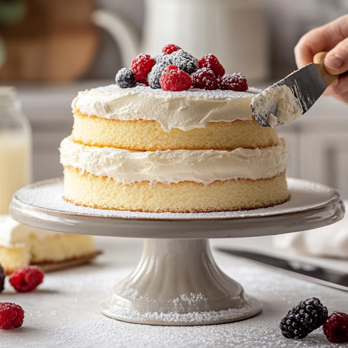 Two-layer sponge cake with cream filling being decorated on a cake stand. A hand spreads cream on top with a spatula. Garnished with fresh berries and powdered sugar. Light, cozy kitchen setting.