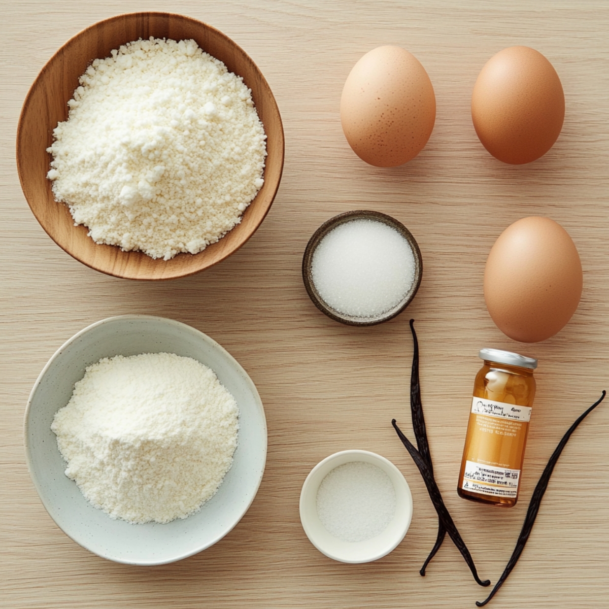 Flat lay of sponge cake ingredients on a light wooden surface: brown eggs, bowls of flour, sugar, salt, vanilla extract in a glass bottle, and vanilla beans. Natural lighting, cozy homemade feel.