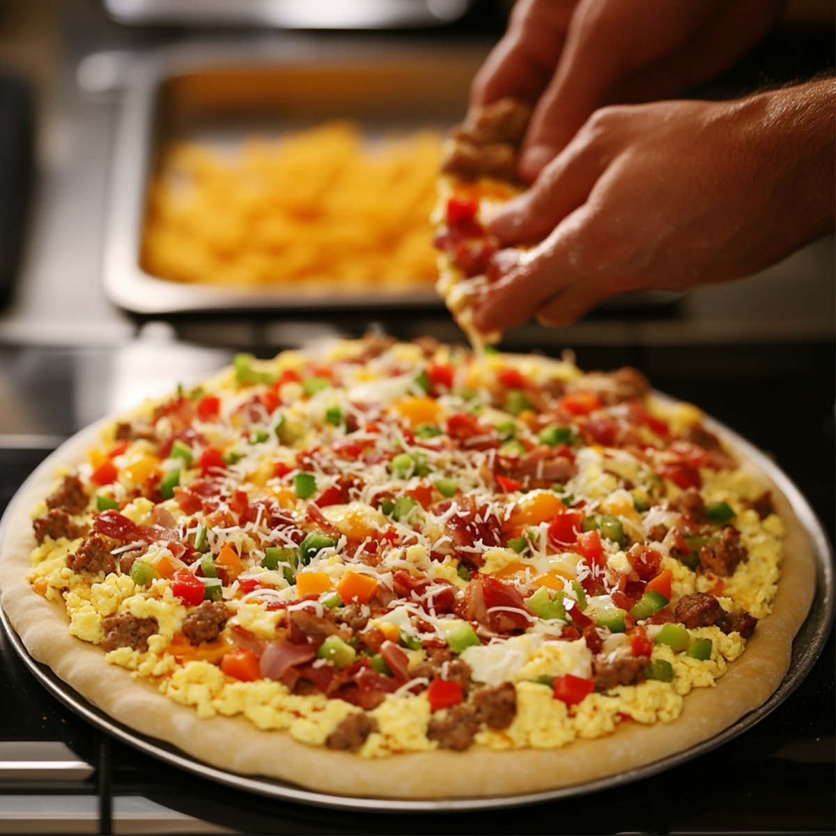 A close-up of a homemade breakfast pizza being prepared, with scrambled eggs, sausage, diced ham, bell peppers, and tomatoes, topped with shredded mozzarella cheese. The pizza sits on a silver baking tray with soft lighting in the background.