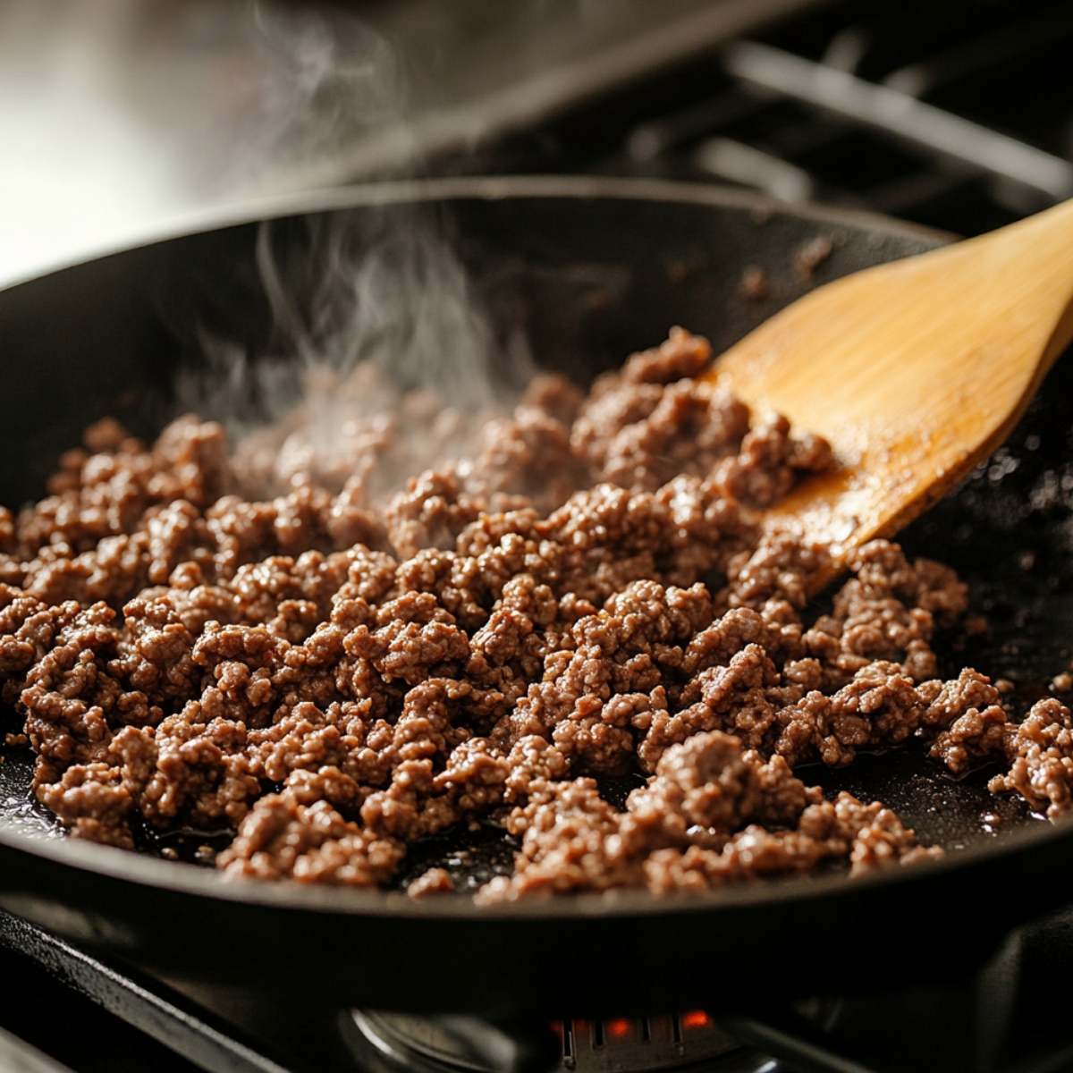 Ground beef browning in a black skillet over a gas stove, with steam rising and a wooden spatula stirring the meat.