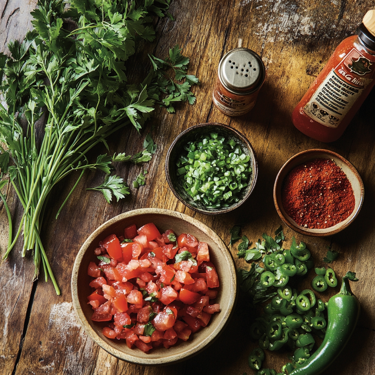 Overhead view of fresh, homemade Cajun cooking ingredients arranged on a rustic wooden surface. A bunch of fresh parsley with vibrant green leaves lies across the left side. A small wooden bowl is filled with diced fire-roasted tomatoes, and another with finely chopped green onions.
