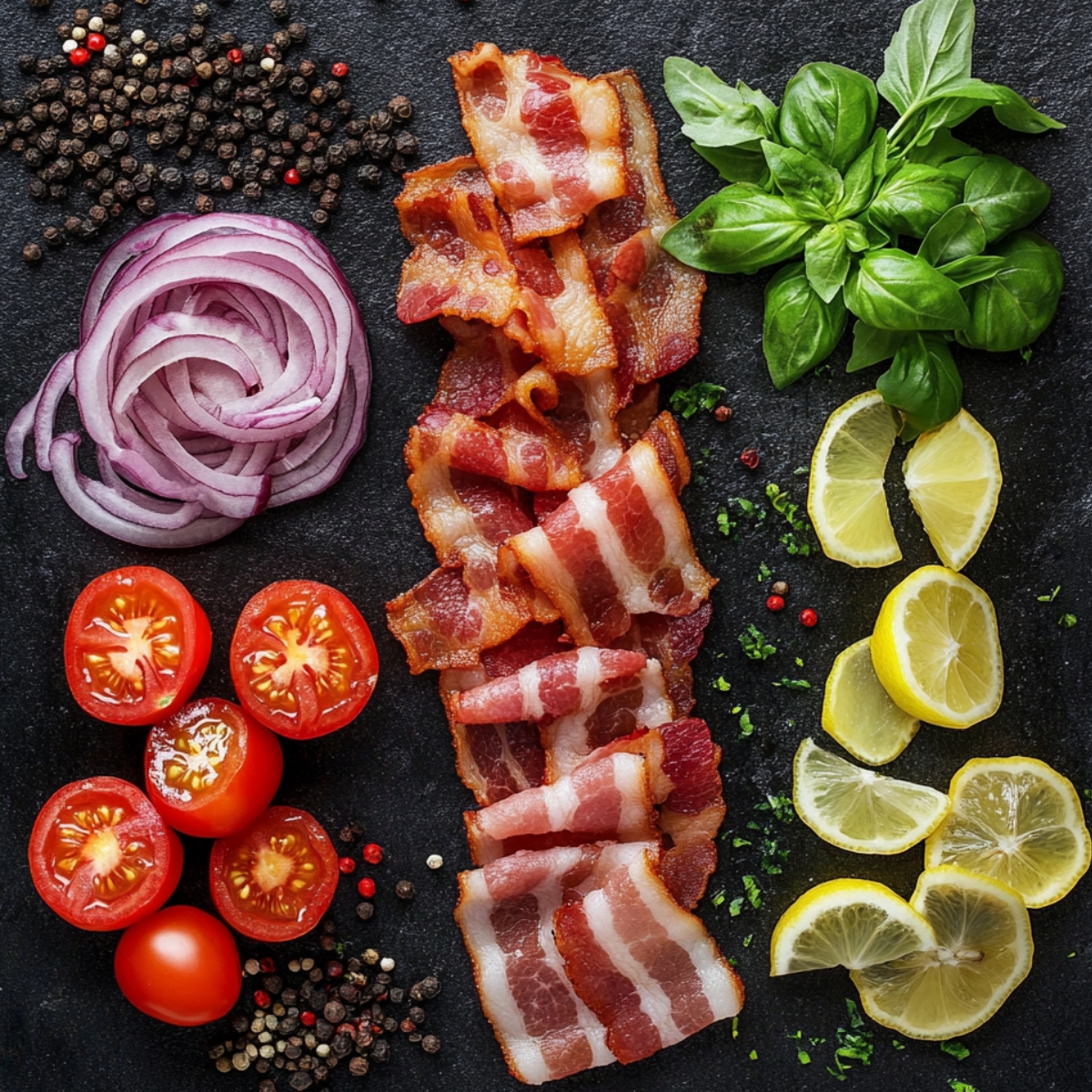 A close-up of fresh ingredients for a Caesar pasta salad, including halved cherry tomatoes, sliced red onions, crispy bacon, fresh basil, lemon wedges, and a sprinkle of peppercorns and herbs, all arranged neatly on a dark stone surface.