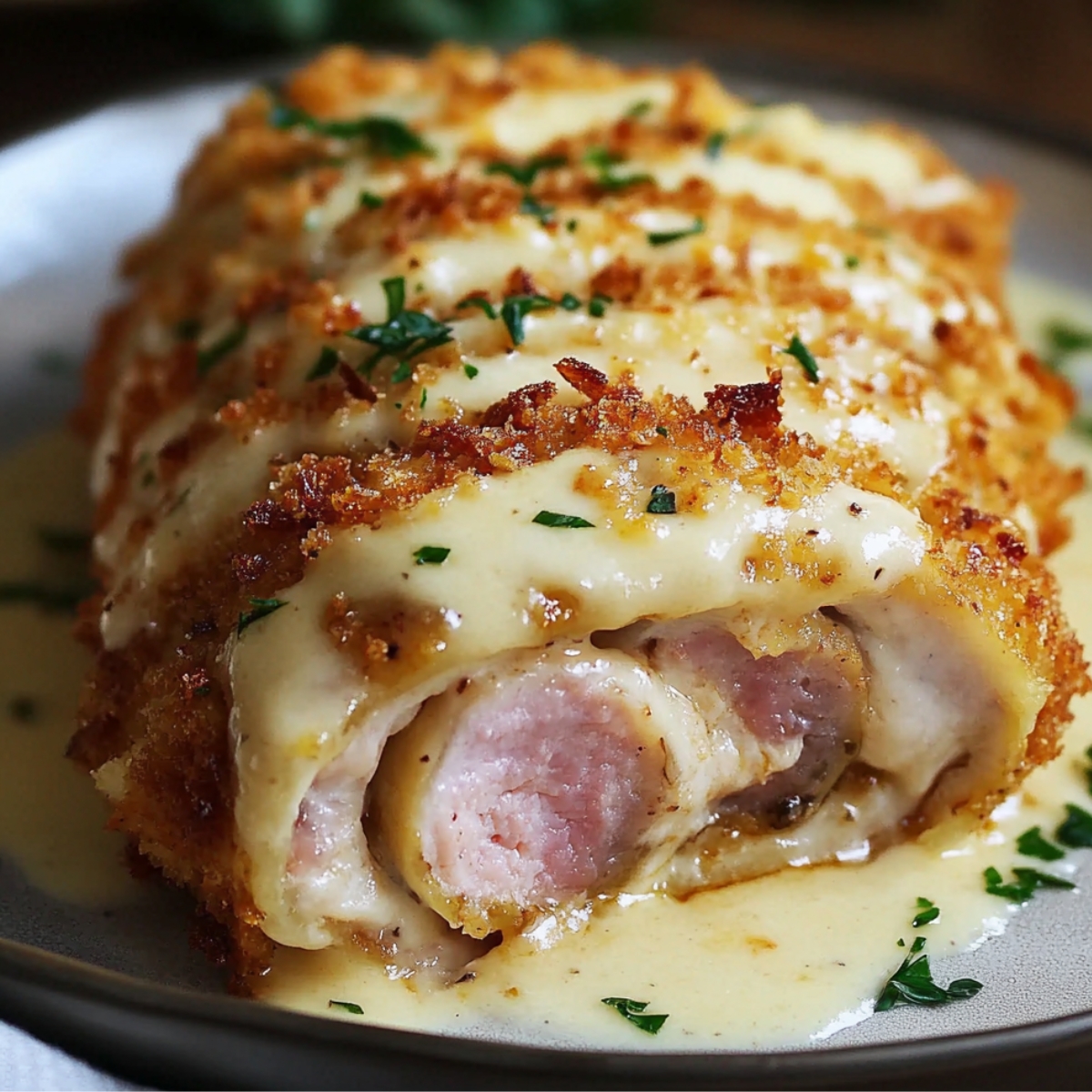 Sliced homemade chicken cordon bleu filled with ham and melted Swiss cheese, coated in golden crispy breadcrumbs, topped with creamy Dijon sauce and fresh parsley on a plate.
