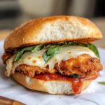 Homemade chicken parm sandwich with crispy breaded chicken, melted mozzarella, fresh basil, and marinara on a toasted brioche bun.