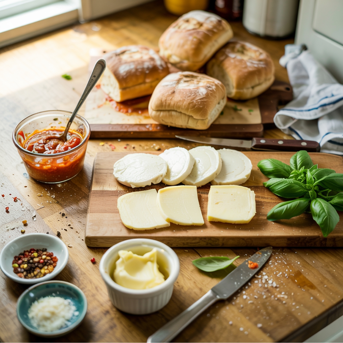 Homemade chicken parm sandwich ingredients on a rustic wooden kitchen counter: sliced ciabatta rolls, fresh mozzarella and provolone on a cutting board, fresh basil, a small bowl of marinara with spoon, and dishes of butter, red pepper flakes, and grated Parmesan.