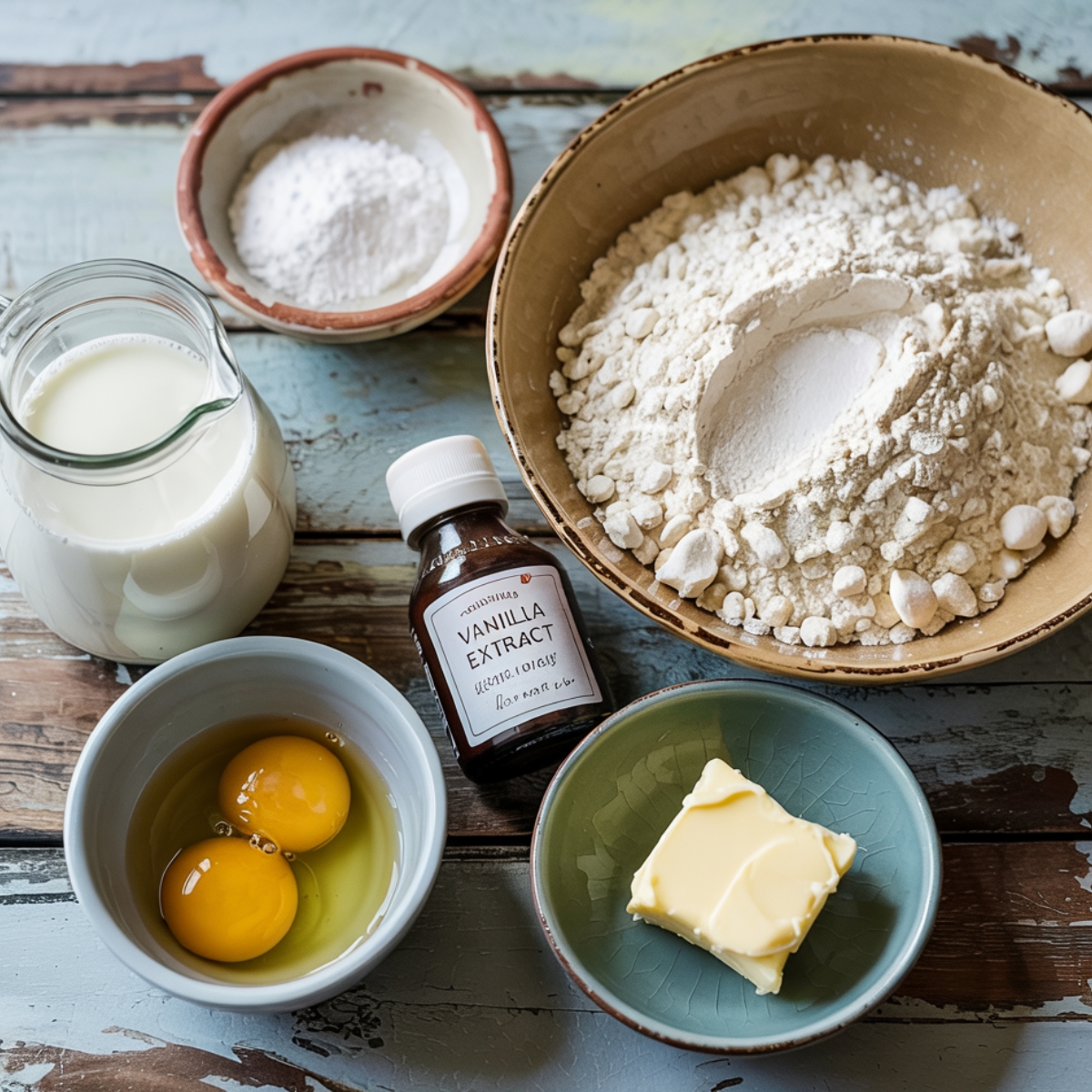 Homemade cinnamon roll pancake ingredients arranged on a rustic wooden surface, featuring fresh eggs, softened butter, flour, baking powder, vanilla extract in a labeled brown bottle, and milk in a glass pitcher.