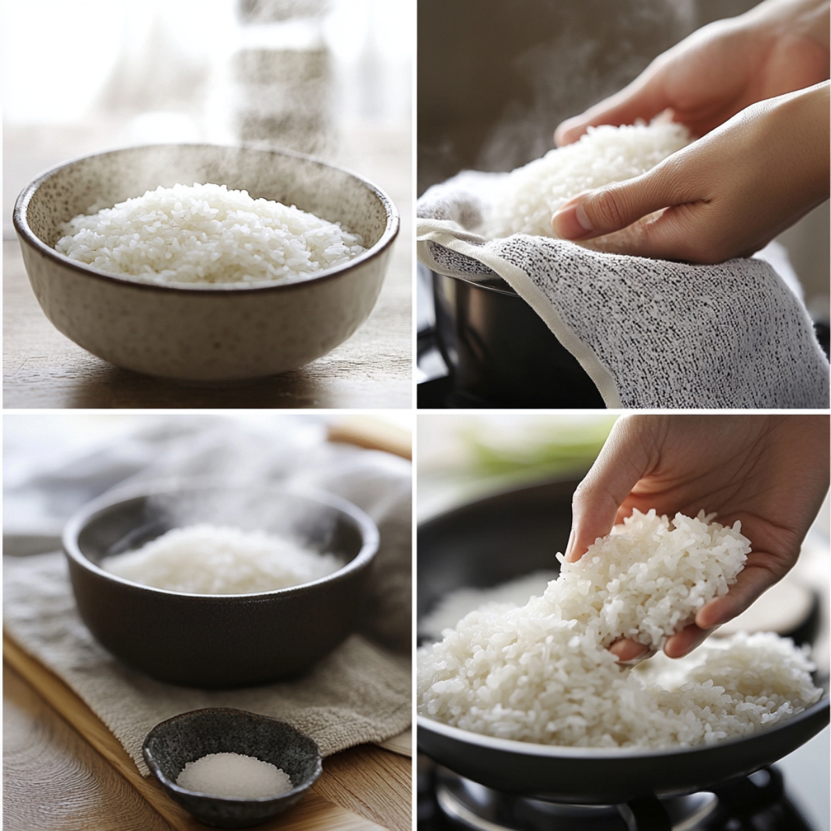 A collage showing the preparation of sushi rice for Dragon Roll Sushi: freshly steamed rice in a bowl, a hand transferring rice with a cloth, a bowl of rice with salt, and a hand fluffing rice in a pan.