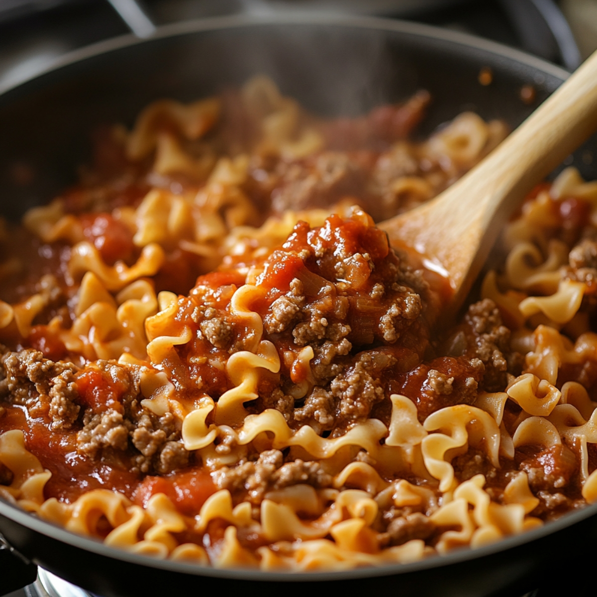 A skillet filled with curly egg noodles, ground beef, and marinara sauce simmering on the stove. A wooden spoon stirs the hot, steamy mixture.