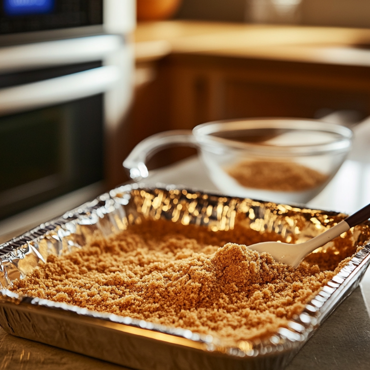 Graham cracker crumbs being spread in a foil-lined baking pan with a white spatula, set on a kitchen counter with warm, natural lighting.