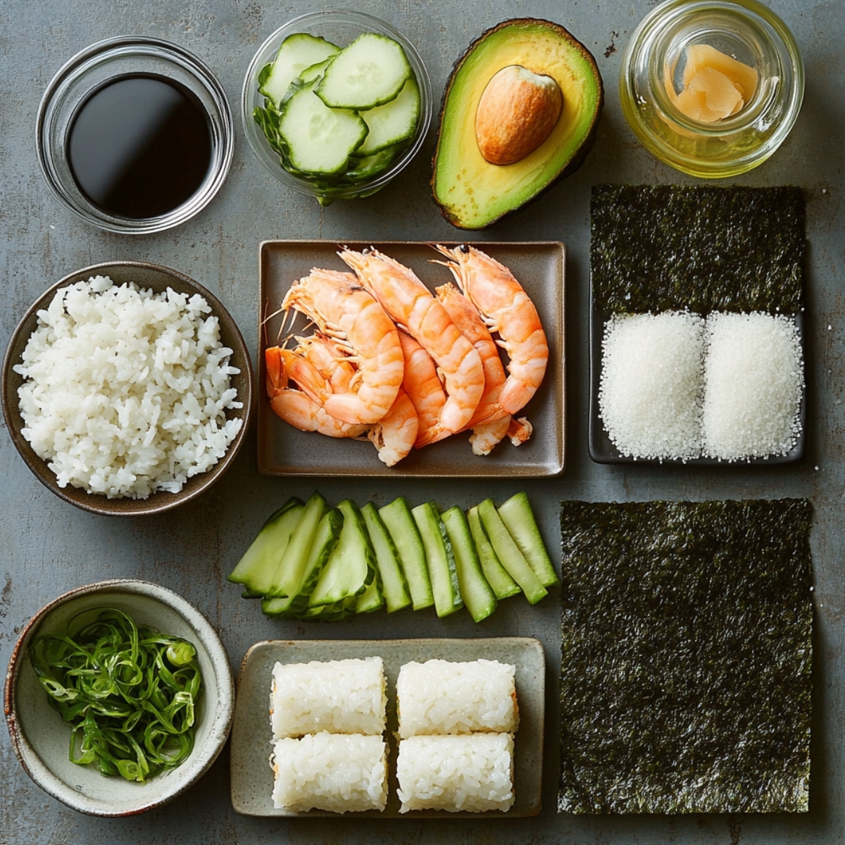 Ingredients for Dragon Roll Sushi on a gray surface: sushi rice, cooked shrimp, cucumber slices, avocado, sugar bowls, nori sheets, green onions, and pickled ginger.