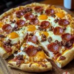 A homemade breakfast Red Baron Breakfast Pizza with a crispy crust, topped with melted mozzarella, pepperoni slices, golden egg yolks, and crumbled sausage. The pizza is seasoned with oregano and served on a wooden board with a slice pulled out, showing gooey cheese.