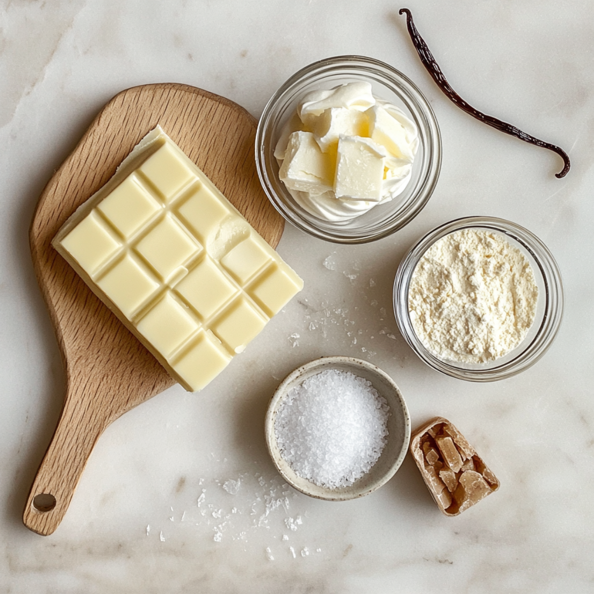 White chocolate, cream, gelatin, vanilla bean, salt, and caramel on a marble counter.