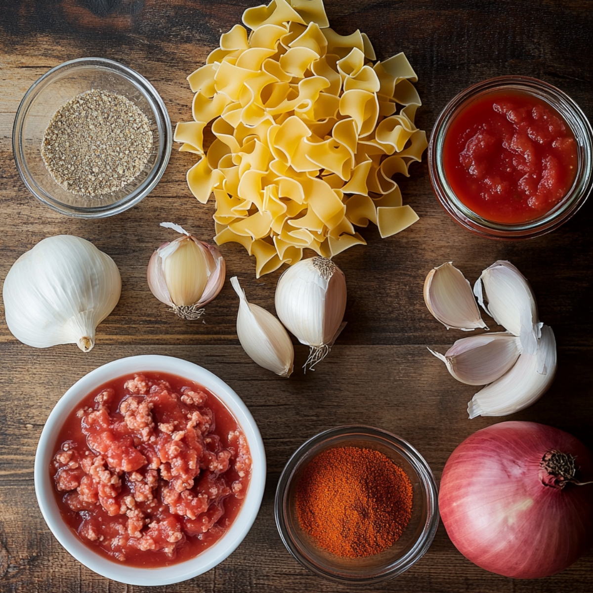 A top-down view of fresh lasagna ingredients on a wooden surface, including uncooked egg noodles, ground beef in tomato sauce, whole and peeled garlic cloves, a red onion, a jar of marinara, and small bowls of paprika and seasoning mix.