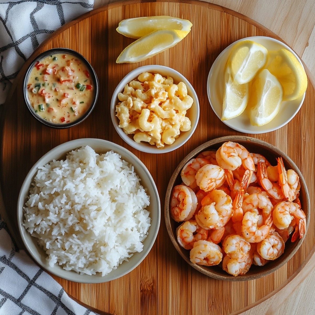 A homemade Hawaiian garlic shrimp meal with shrimp, steamed white rice, macaroni salad, lemon wedges, and dipping sauce, all served on a wooden tray with a kitchen towel nearby.