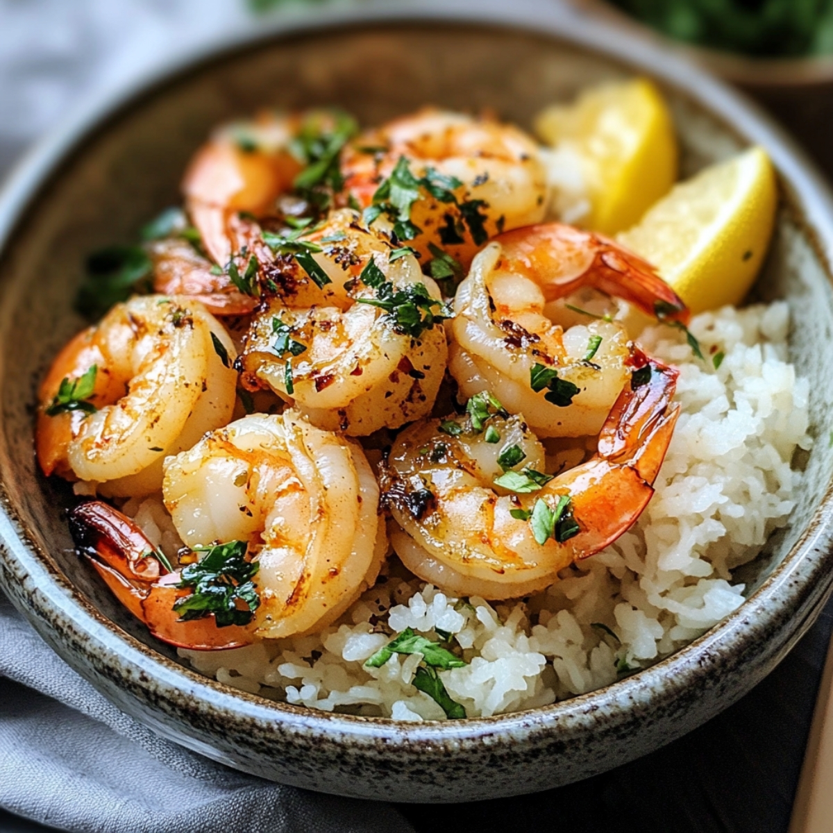 A bowl of homemade Hawaiian garlic shrimp Recipe, glistening with golden garlic butter, lightly charred, and topped with chopped parsley. A lemon wedge sits on the side, with crispy garlic bits clinging to the shrimp. Served in a rustic dish on a cozy dinner table.