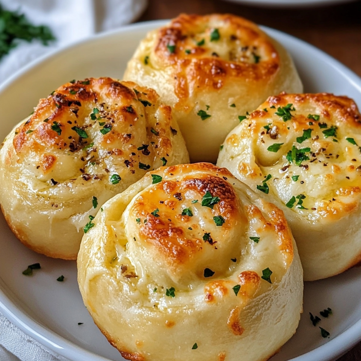 Homemade garlic cheese rolls arranged neatly in a white ceramic dish. The rolls appear golden-brown and freshly baked, topped generously with melted cheese, minced garlic, and finely chopped parsley. Each roll has a soft, fluffy texture with lightly crisp edges, displaying slight browning and bubbling cheese.