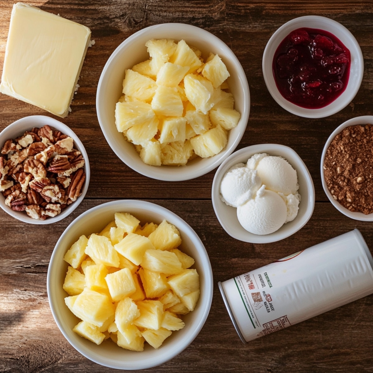 Overhead view of pineapple dump cake ingredients: pineapple chunks, butter, pecans, cherry filling, vanilla ice cream, cinnamon sugar, and a can on a rustic wooden table.