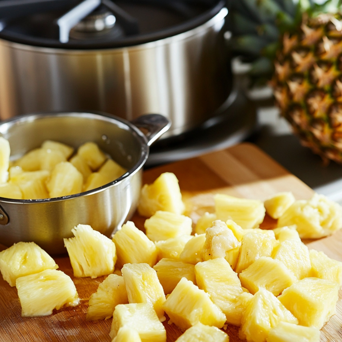 Fresh pineapple chunks on a wooden cutting board next to a metal bowl, with an ice cream maker and whole pineapple in the background, ready for homemade pineapple ice cream.