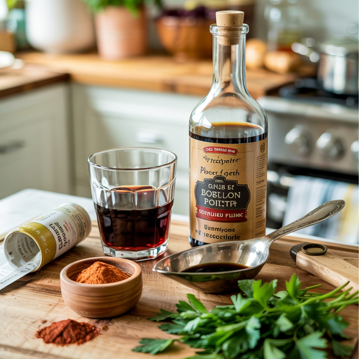Flavorful pot roast recipe ingredients on a wooden board: red wine, smoked paprika, fresh parsley, balsamic vinegar, and a bouillon container in a cozy kitchen setting.