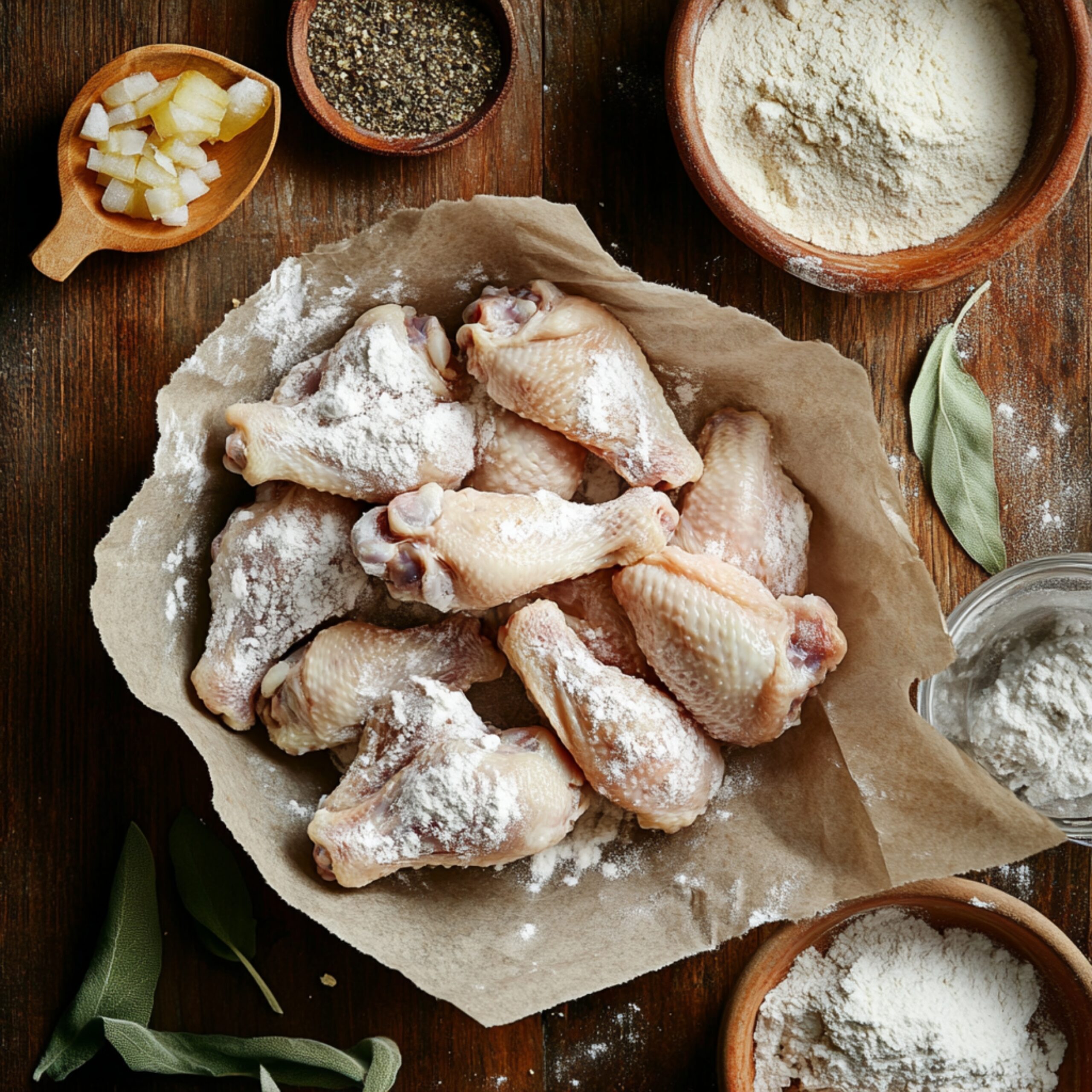 A rustic kitchen scene with smothered chicken wings on parchment paper, coated in seasoned flour. Nearby are bowls of black pepper, chopped onions, flour, and bay leaves on a wooden countertop.