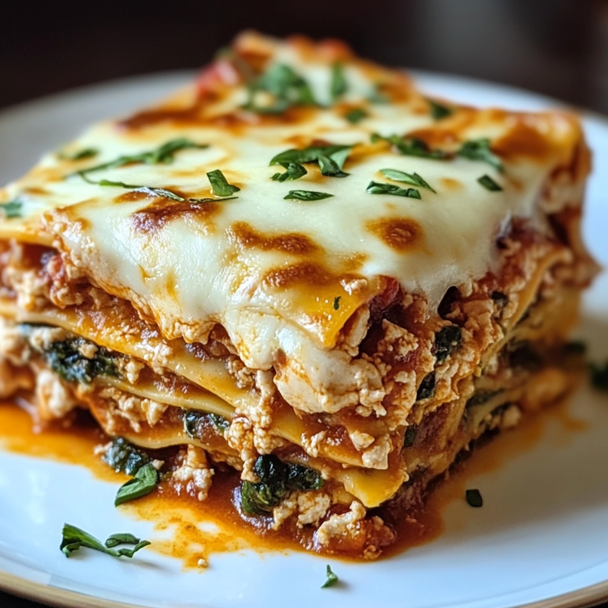 A close-up of a homemade chicken spinach lasagna slice with melted mozzarella cheese, layers of spinach, chicken, ricotta, and tomato sauce, garnished with fresh herbs on top.