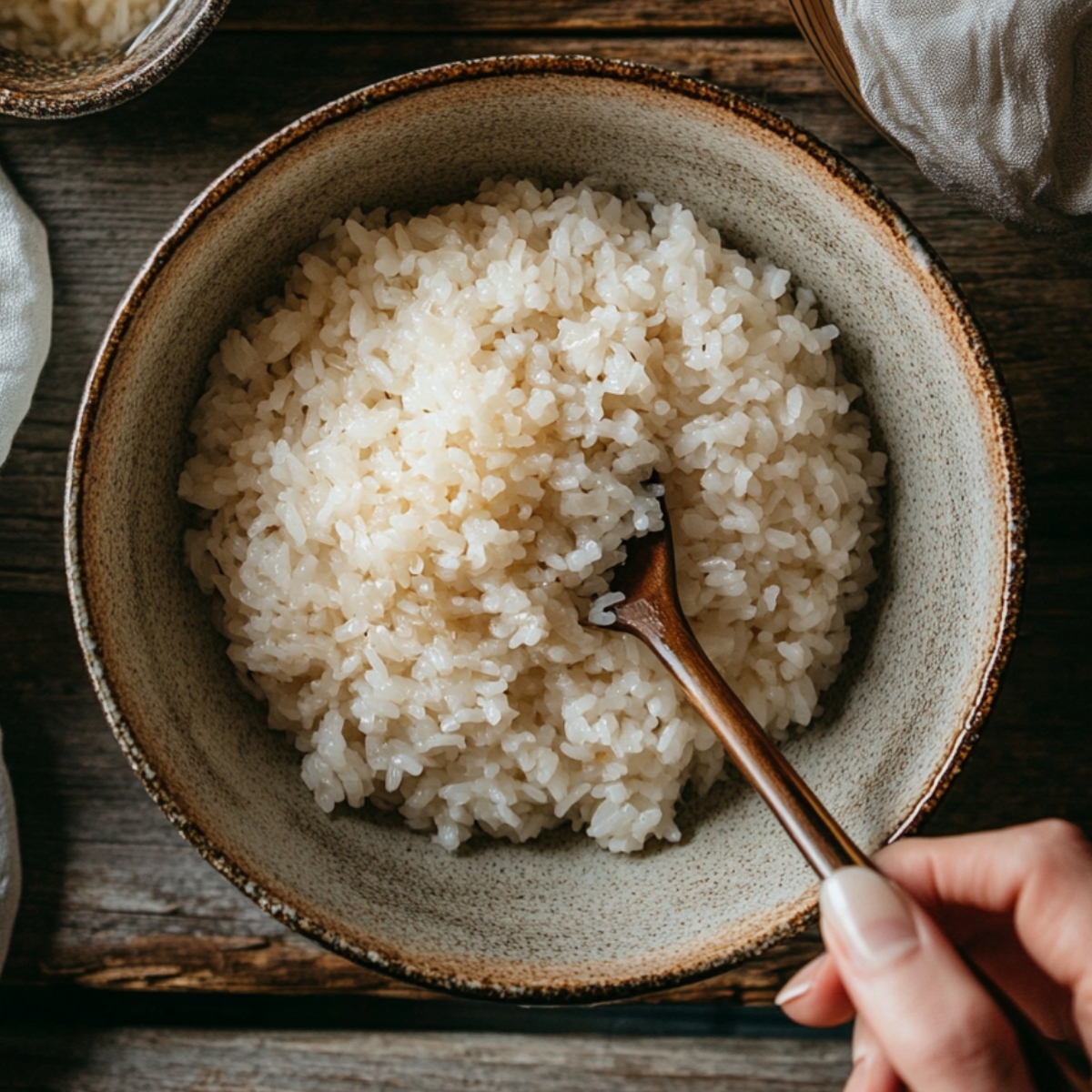 Close-up of a hand mixing warm, cooked Japanese rice in a ceramic bowl with a wooden spoon on a rustic wooden table. Natural, cozy kitchen setting.