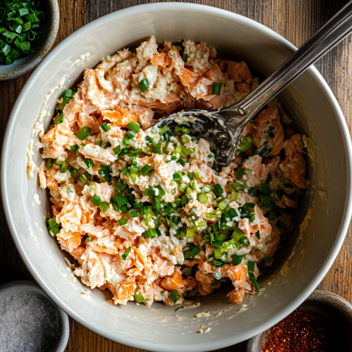 Overhead shot of a creamy salmon filling mixture in a white bowl, with flaked salmon, chopped green onions, and mayonnaise stirred together using a metal spoon. Surrounding the bowl on a wooden table are small dishes of salt, chili flakes, and extra green onions. The scene feels natural, fresh, and homemade.
